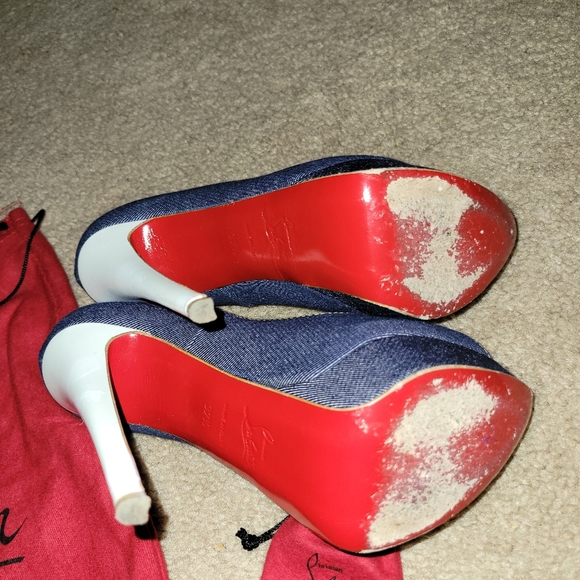 Christian Lou Boutin Peep Toe Denim Heels - Picture 3 of 8